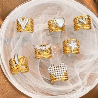 Stainless Steel 18K Gold Plated Women's Geometric Shape Wide Band Ring Color Blocked Hand Jewelry Wholesale