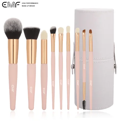 EMF 9pcs Pink Portable Travel Make up Brush Set With case Custom Logo Cosmetic Tools Rose Gold Ferrule Makeup Brushes Kit