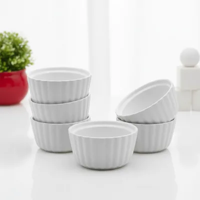 6 OZ Stoneware Porcelain White Ramekin Bowls Bakeware Set Oven Safe Non-Toxic Dishwasher Safe Sleek Pudding Creme Brulee