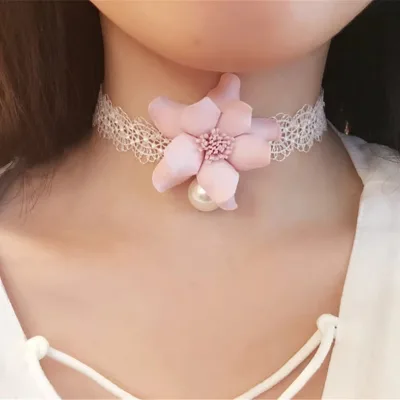 Gothic Style White Rope Choke Pink Flower Charms Necklace Women Jewelry