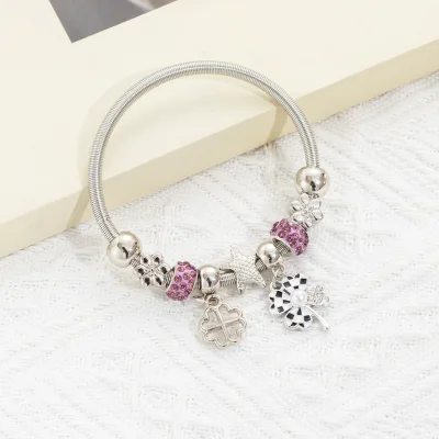 Silver Tone Crystal Large Hole Beads Charm Butterfly Flower Pendant Bracelet Adjustable Snake Chain Bracelet