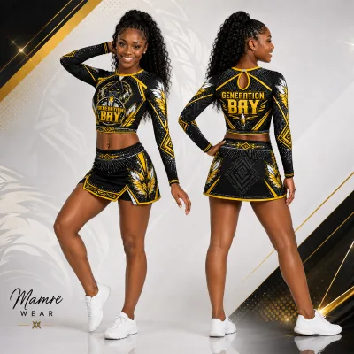 Apache Theme Adults Girls Cheer Uniform Spandex Rhinestone Sublimation 2 Piece Long Sleeve Crop Top Skirt Cheerleading Outfit