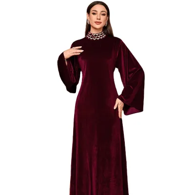 Traditional Muslim Dress with Flared Sleeves and Belt Zipper Saudi Arabian Embroidery Elegant Smock Style