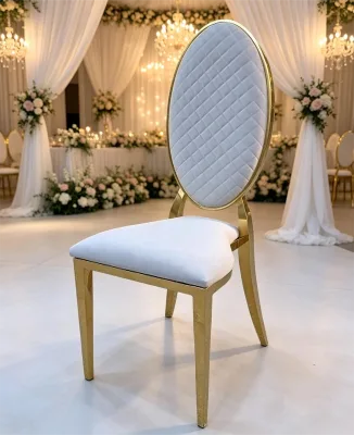 Modern Gold Steel Chiavari Chair with White Cushion Stackable & Stable Commercial Hotel Dining Chair for Outdoor Events