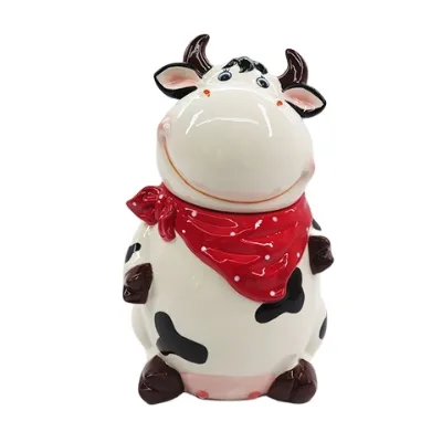 Hand Painted 6.75" Sitting Cow with Bandana Black White Cookie Jar with Candy Jar Porcelain Candle Holders Lanterns & Jars