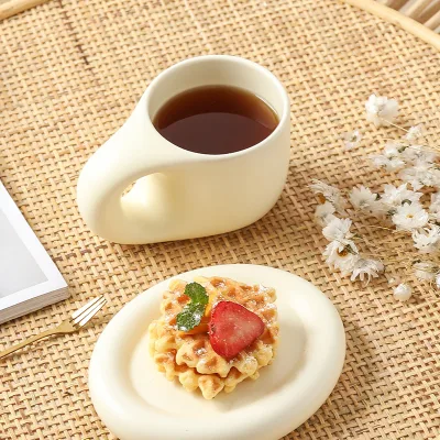 Nordic Style Chubby Ceramic Coffee Cup & Saucer Set  Fat Round Mug with Wide Handle for Home, Cafe & Gift