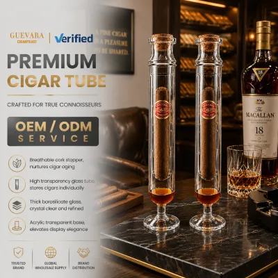 Wholesale GUEVARA Glass Cigar Tube Luxury Thick Borosilicate Glass Portable Cigar Storage Tube Breathable Cork Custom Logo