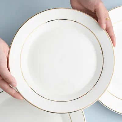 Western Style Eco-Friendly Luxury Gold Rim Porcelain Flat Steak Plates with Double Edges for Home Use