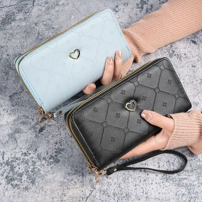 Personalized Geometric New Women's Long Double Layer Zipper PU Waterproof Wallet Light Luxury Japanese Korean Fashion Polyester