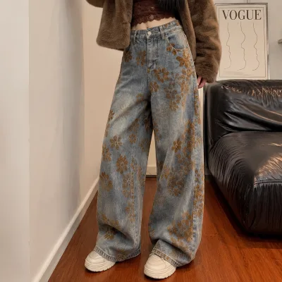 American-Style Retro Jacquard-Woven Denim Embroidery Shorts Women Spring New Arrival Plus-Size Slimming Wide-Leg Pants