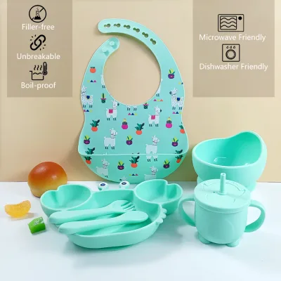 Custom Kids Dining Training Utensils Set Cartoon Pattern Bebe Babero Unbreakable Bowl Divided Plate with Bottom Suction Cup
