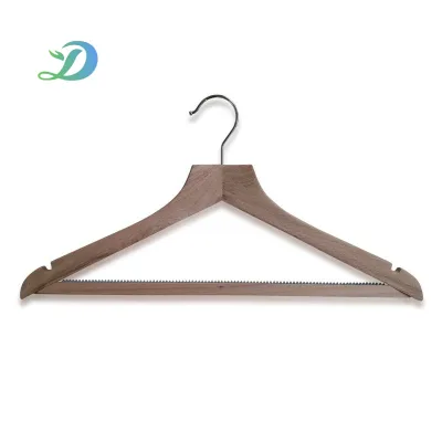Minimalist Retro Beech Wood Apparel Hanger Silver Hook Shoulder Notches Serrated Anti Slip Bar