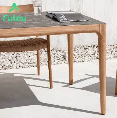 8-Seater Natural Finish Teak Frame Garden Dining Table for Hotels & Villas for Outdoor One Piece Ceramic Table Top Dining Table