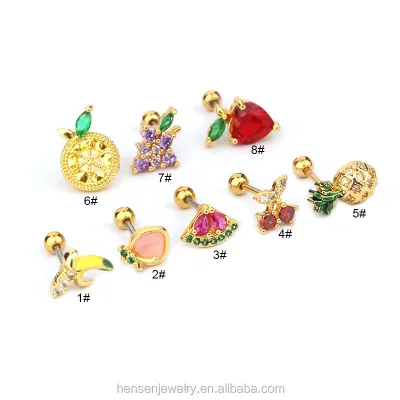 Dainty Cherry Lemon Banana Orange Fruits Series Crystal Ear Helix Daith Conch Tragus Stud Piercing Jewelry Earring
