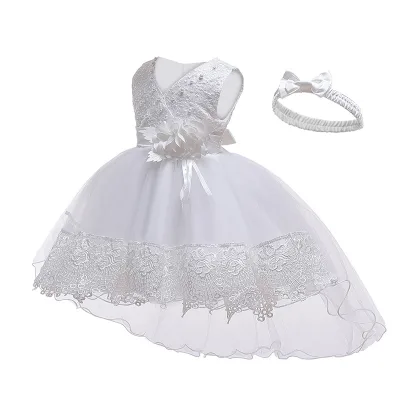 2025 Spring New Bright Beads Bow Sweet Child Dress Baby Models Lace Princess Dress