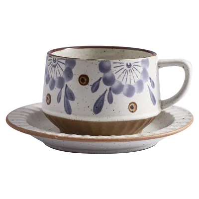 High-End Retro Ceramic Coffee Cup and Saucer Set Creative Stoneware Latte Art Mug Exquisite Household Stoneware Saucer