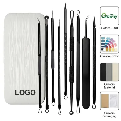 Men's Grooming Skin Care Tool Set Matte Black Pimple Popper Extractor Kit 11pcs Stainless Steel Blackhead Remover Set