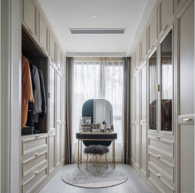 Elegant Walk - in Closet & Vanity Suite: Light - Toned Cabinetry & Integrated Dressing Space