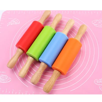Multicolor Non-Stick Dough Silicone Mini Kid Rolling Pin Dough Roller Food Grade Silicone Rolling Pin With Wood Handle