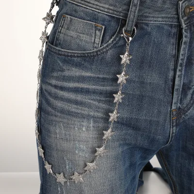 Punk Rhinestone Star Jean Chain Silver Plated Star Waist Chain with Lobster Clasp Streetwear Hip Hop Pants Chain Accessory