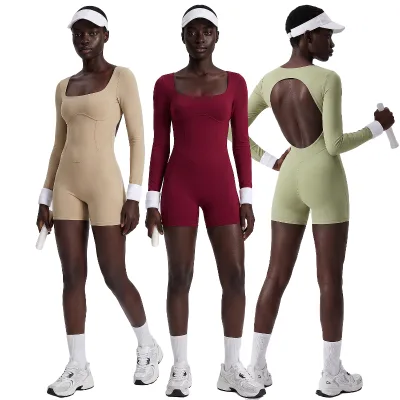 Custom Square Neck Long Sleeve Yoga Romper Women Open Back Bodysuit 3D Contour Seams Naked Feel Gym Unitard Workout Jumpsuit