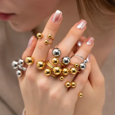 European Personality Gold Ball Ring 18K Gold Plated Stainless Steel Double Ball Ring Open Adjustable for Women