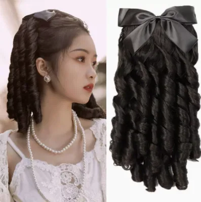 Vintage Roman Curly Ponytail Wig with Black Satin Bow, Spiral Curl Clip in Hair Extension for Cheongsam Lolita Cosplay