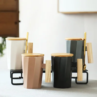 Geometric Faceted Ceramic Mug Set Wooden Handle Lid With Spoon Matte Black Beige Cream Coffee Tea Mug 4 Colors Gift