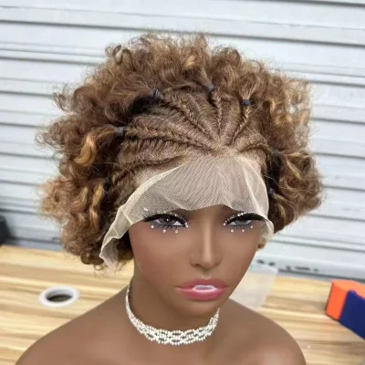 4/30 Colored Afro Kinky Curly Human Hair Wig with Braids 13x4 Transparent Lace Front Curly Short Bob Wigs 220% Density for Women