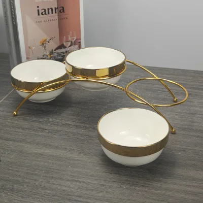 High Quality Wholesale Price Bone China Porcelain Embossed White Gold Rim Fancy Ceramic Salad Bowl With Iron Stand 4inch