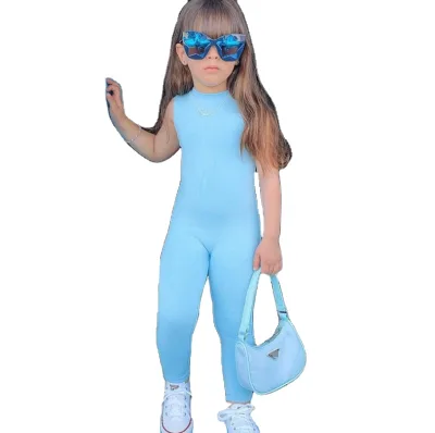 2022 Fashion Solid Color Toddler Girl Blue High Neck Jumpsuit