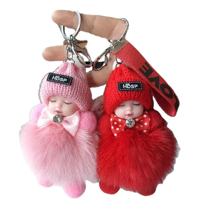 Sweet Cute Sleeping Baby Doll Plush Keychain with Pom Pom Rabbit Fur Ball Design Soft Durable Eco-Friendly Car Key Charm Gift