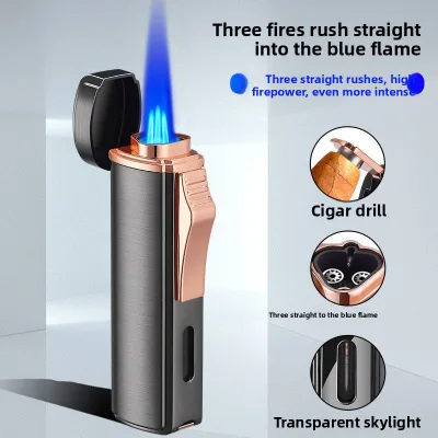 Three-fire Direct Blue Flame Windproof Inflatable Lighter Cigar Cigarette Lighting Portable Small Logo Business Gift
