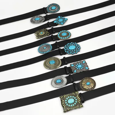 12 Styles Black Waistband for Ladies Wide PU Belts Retro Sapphire Mosaic Oval Western Buckle Women Belts
