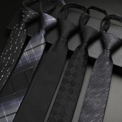 Good Quality Hot Sale Custumised Necktie Black Polyester Lazy Zip Neck Tie Zipper Stock Neckties for Men
