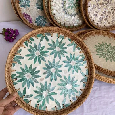 Eco Friendly Natural Seashell Fruit Snacks Decor Storage Baskets for Living Room Bathroom Kitchen Woven Round Rattan Basket Tray