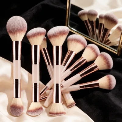 HEXUE 12Pcs Double Ended Makeup Brush Set Soft Nylon Bristle Plastic Handle 3 Colors Face Eye Professional Cosmetic Brushes Kit