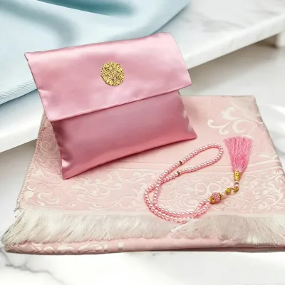 Festive Ramadan Gift Bundle Gold Islamic Motif Satin Hijab and Colorful Prayer Beads Ramadan Eid Prayer Scarf & Tasbeeh Gift Set