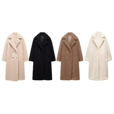 Foreign Trade for Autumn Winter New Products European American Double-Breasted Breathable Long Fleece Lined Warm Coat