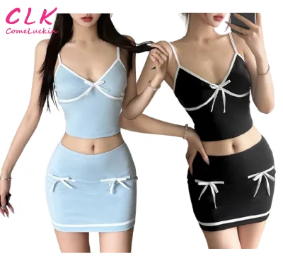 2025 New Summer Hot Selling Fashion Sets Sexy Halter Tank Top A-Line Mini Skirt Bowknot Crop Top 2 Piece Skirt Sets for Women