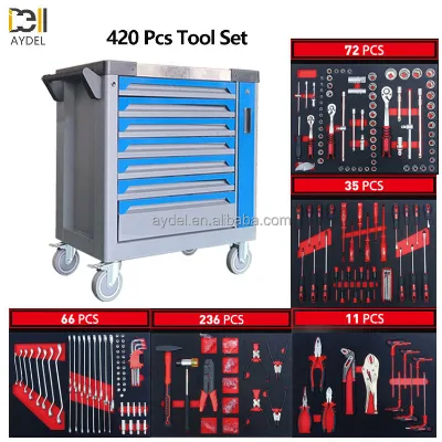 Ready Stock 420Pcs Blue 7 Drawer Tool Cart Stainless Steel Worktop Auto Repair Trolley for 4S Shop Mechanic Garage Workshop