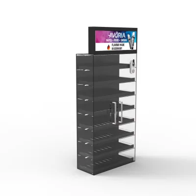 Custom Acrylic Display Stand with Multiple Shelves & Glass Door & LED Lighting & Pusher- for Smoking Products