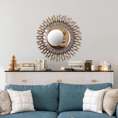 Art Deco Glass Sun and Moon Wooden Wall Actor Mirror for Living Room Bedroom Bathroom Home Hotel Apartment Decoration Hallway
