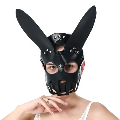 Bondage Gear Sexy Black Leather Rabbit Ears Mask for Adult Sex Foreplay Full Face Party Accessory