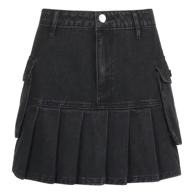 2026 Spring/Summer New Women's Sexy A-Line Solid Ruffles Cargo Wind Pocket Retro Pleated Denim Skirt