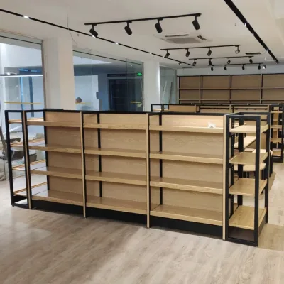 Wood Laminate & Metal Retro Industrial Display Rack & Cabinet with Solid Shelves Freestanding for Shop Products and Red Wine