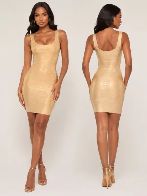 US Australia Hot Sale New Arrival Summer Glam Metallic Gold U Neck Sleeveless Bodycon Bandage Mini Dress