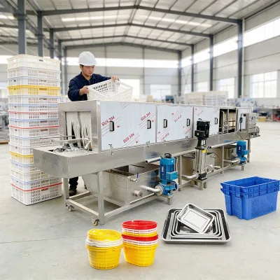 High Efficiency Continuous Rotary Spray Tunnel Washing Machine for Vegetable Fruit Seafood Meat Processing Industry