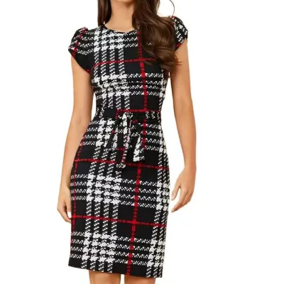 Spring and Summer New Round Collar Bubble Sleeve Plaid Belted Waist Mini Career Dress Women