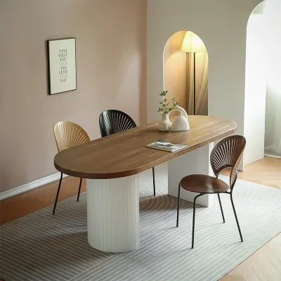 Solid Wood Oval Dining Table Set Columnar White Fluted Base Walnut Racetrack 6 Seater Wabi-sabi for Villa Dining Room Esstisch